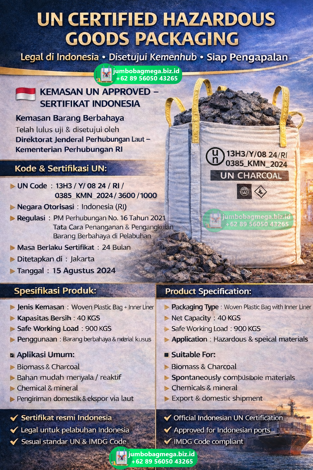 Jumbo Bag UN 1361 kapasitas 1000kg dengan marking UN untuk kemasan arang ekspor standar IMDG Code